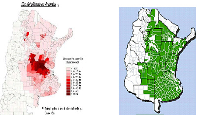  Mapas nº 2 y nº 3: Glifosato y Soja: Dispersión geográfica estimada 2010. MSAL y SAGPyA